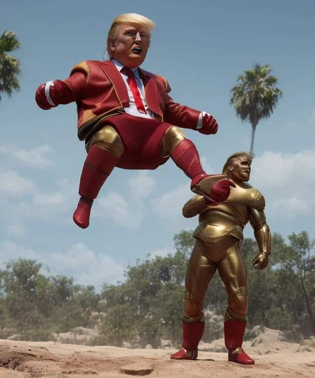 Donald trump wrestling fighter, naked torso, color breeches, suspenders, retro style, 80s, hot ambient, photo studio, red, gold, vibrant color, gradient, highly detailed, art stations, concept art, smooth, unreal engine 5, god rays, ray tracing, RTX, lumen lighting, ultra detail, volumetric lighting, 3d, finely drawn, high definition, high resolution.