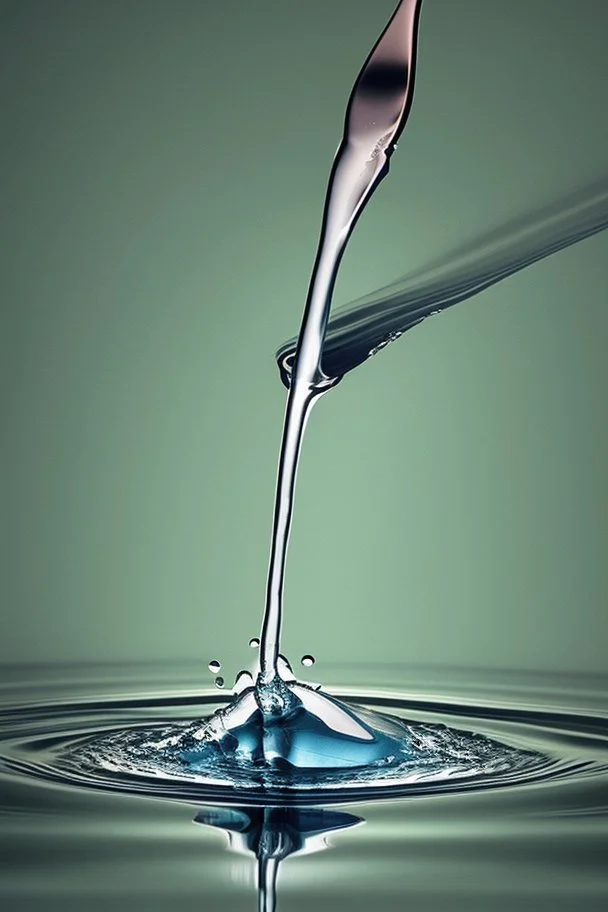 in focus, a jet of water flows into a spoon and splashes everywhere