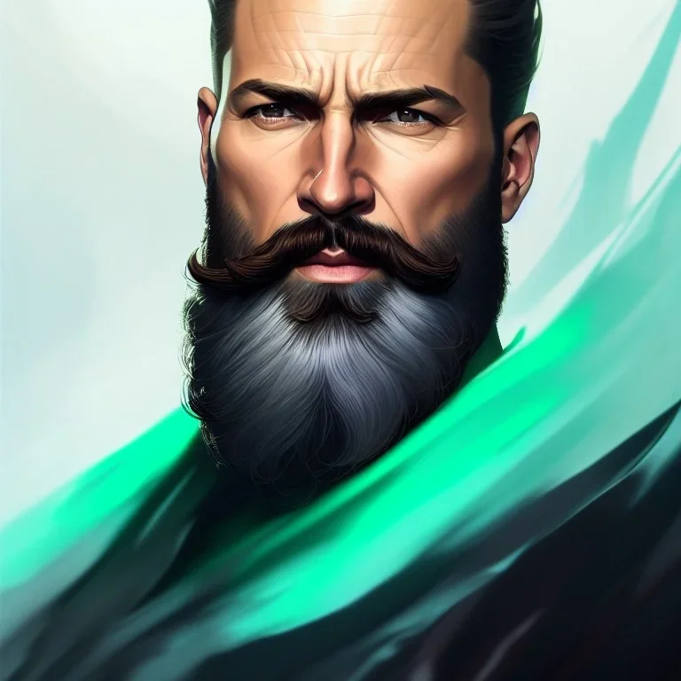 "MIddle aged white human male, with a trimmed but uneven beard, piercing green eyes with slick back hair, full-scale head and shoulders portrait, 8k resolution concept art portrait by Greg Rutkowski, Artgerm, WLOP, Alphonse Mucha dynamic lighting hyperdetailed intricately detailed Splash art trending on Artstation triadic colors Unreal Engine 5 volumetric lighting Splash art fantasy"