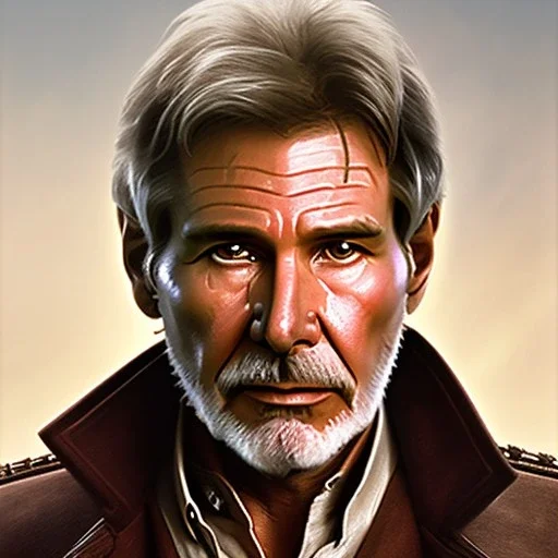 stunning photo realistic head to waist portrait of harrison ford as han solo in star wars with photo realistic short hair by Greg Rutkowski, Artgerm, WLOP, Alphonse Mucha, sharp focus, brown eyes,photo realistic skin, realistically and naturally weathered skin,space jacket from star wars, intricate, art background, watercolour