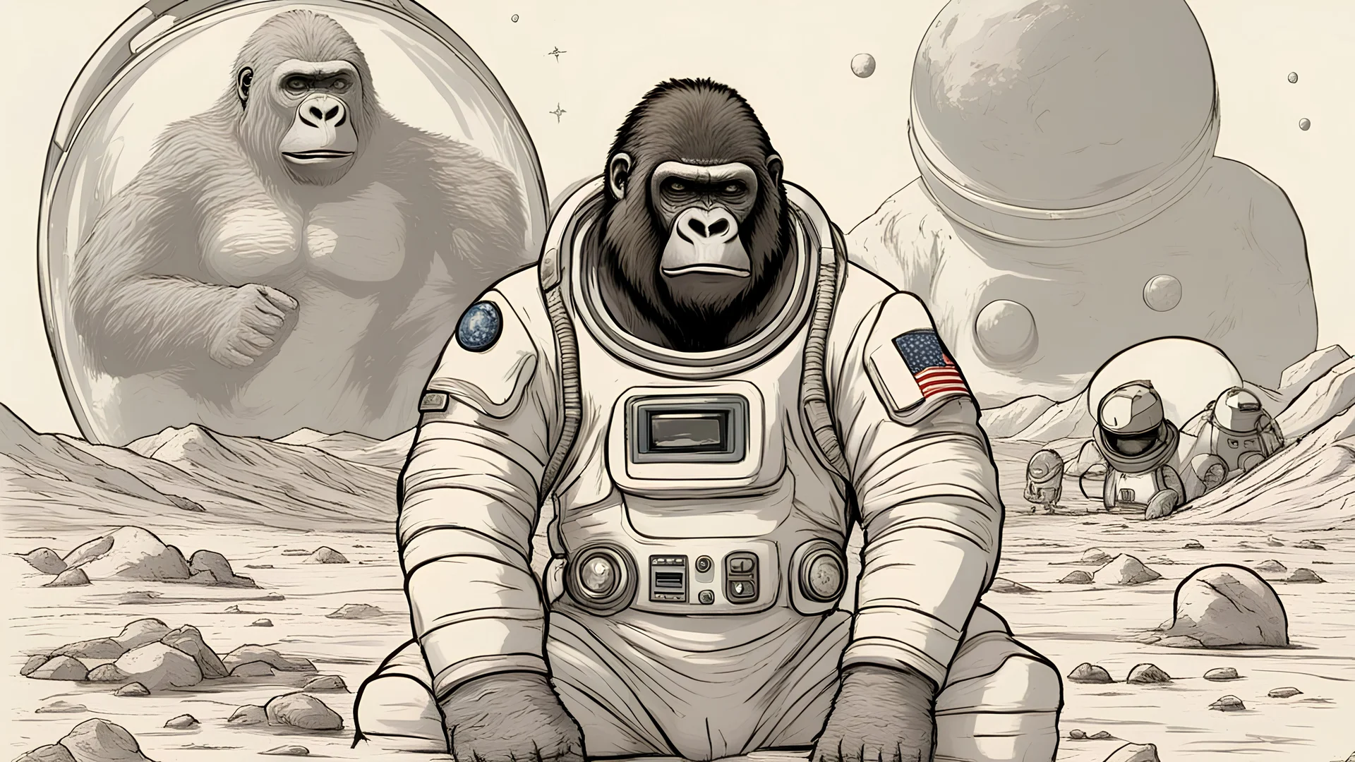 gorilla in a space suit on mars with aliens