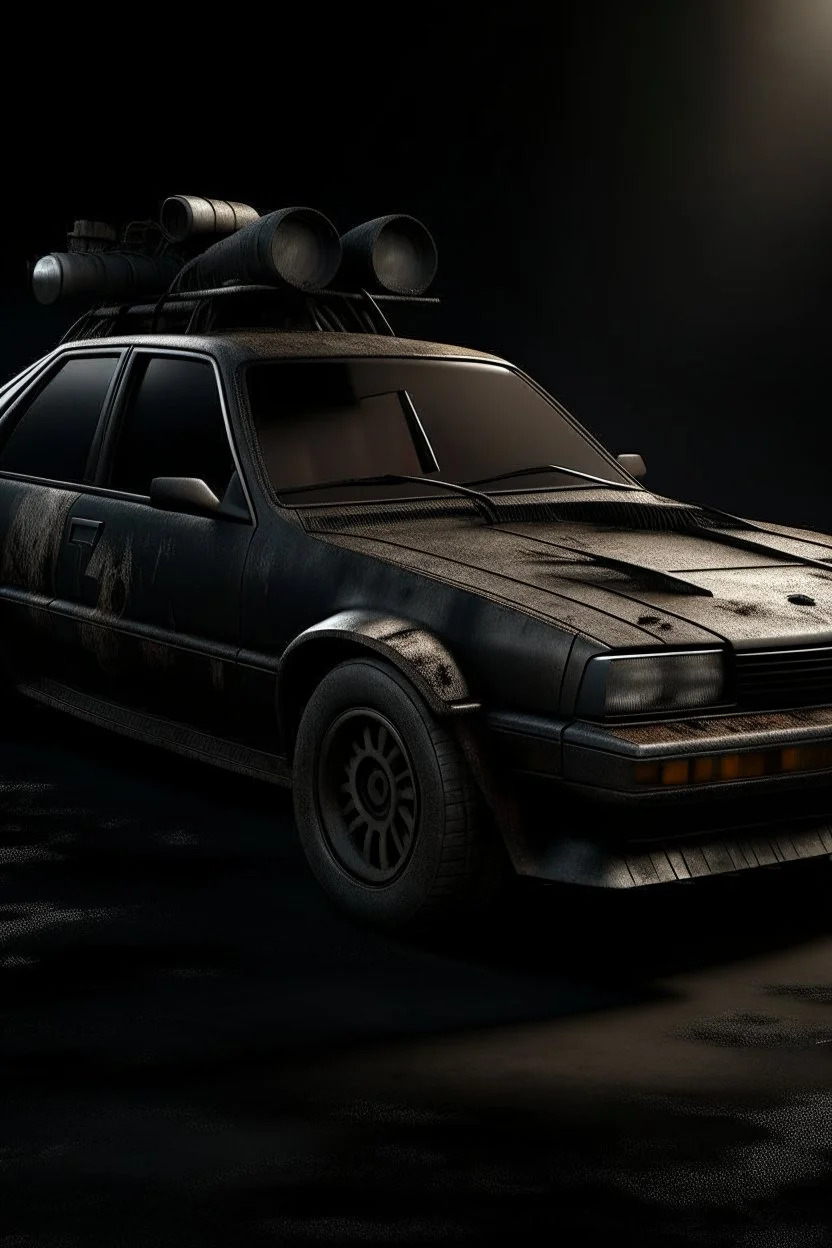 Create a hyper-realistic image in the cinematic style of Mad Max, featuring a compelling fusion of a weathered and rusty black 1998 Honda Civic seamlessly morphing into a half-car, half-scorpion hybrid as the central object.