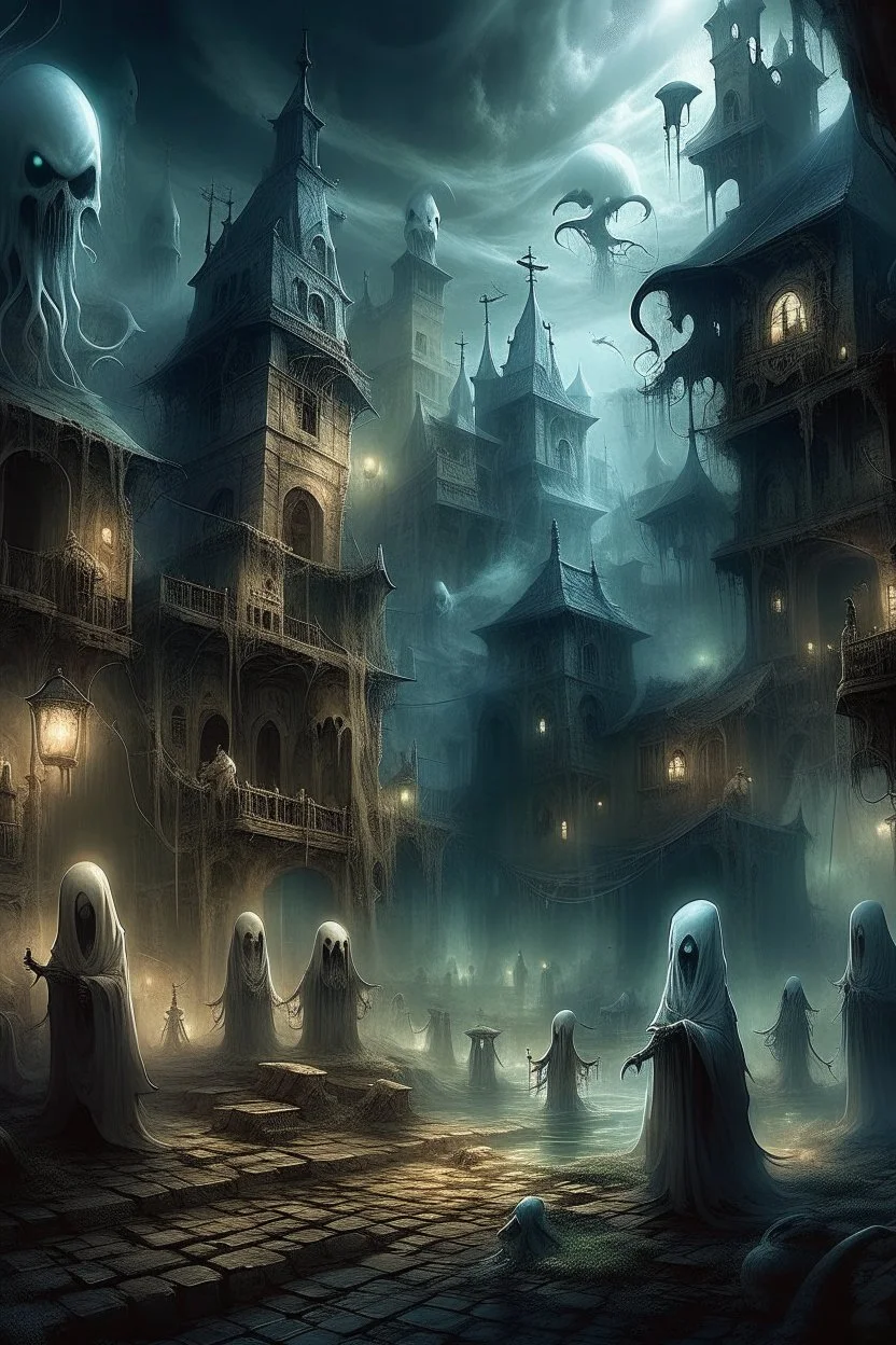 A captivating depiction in digital form, showcasing a plethora of ghost creatures thriving within a surreal and lively ghosts realm. This imaginative artwork embodies the essence of supernatural fiction, presenting a medium shot composition with fantastical beings that are unique, belonging to a world beyond our own. A an old city of ghosts out of this world enhanced by dark atmospheric lighting, Busch painting style nightmare. Thin line draw style