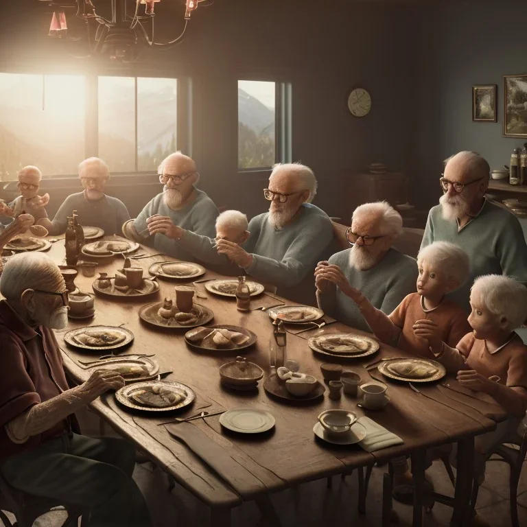 Family dinner, old man sitting at the top of the table, four children around the table, alpine aesthetic, tension, 8k, HD, cinematography, photorealistic, Cinematic, Color Grading, Ultra-Wide Angle, Depth of Field, hyper-detailed, beautifully color-coded, intricate details, beautifully color graded, Cinematic, Color Grading, Editorial Photography, Depth of Field, DOF, Tilt Blur, White Balance, 32k, Super-Resolution, Megapixel, ProPhoto RGB, VR, Halfrear Lighting, Backlight, Natural Lighti