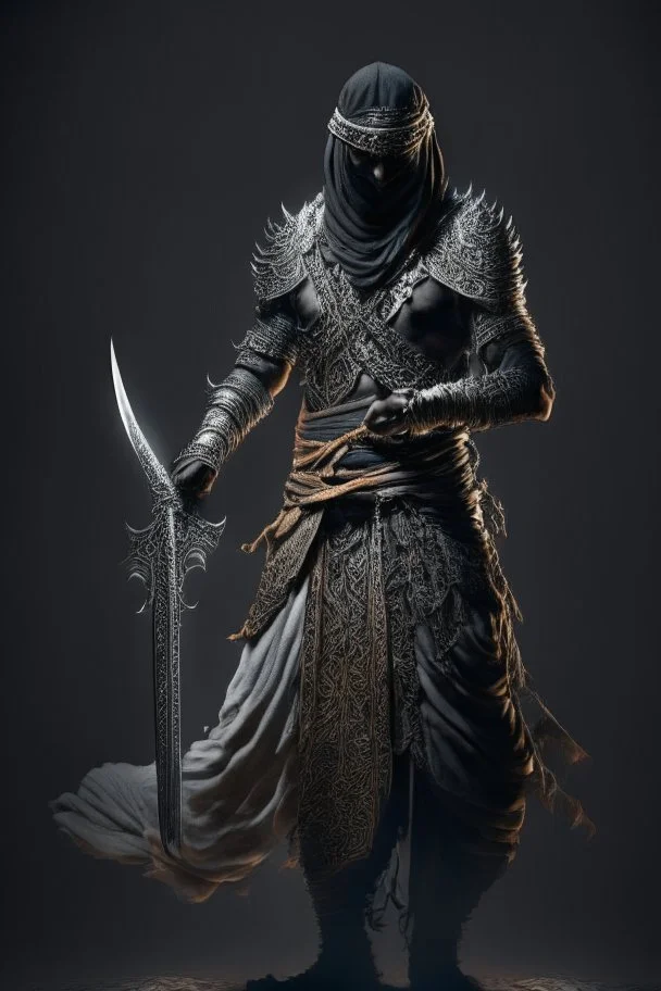 Arabian warrior, full body, sword in both hands, intricate detail, high quality, dark background, cinematic lighting,cgi