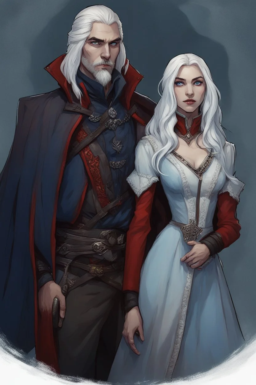 A couple, from the dnd game curse of Strahd. The woman has long white hair and blue eyes, the man has LONG BLACK hair and red eyes, no facial hair.