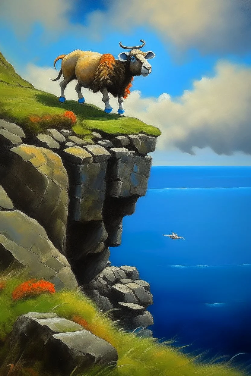 Big nose sheep cliff diver that is about to hit an ambolt, prize winning oil painting