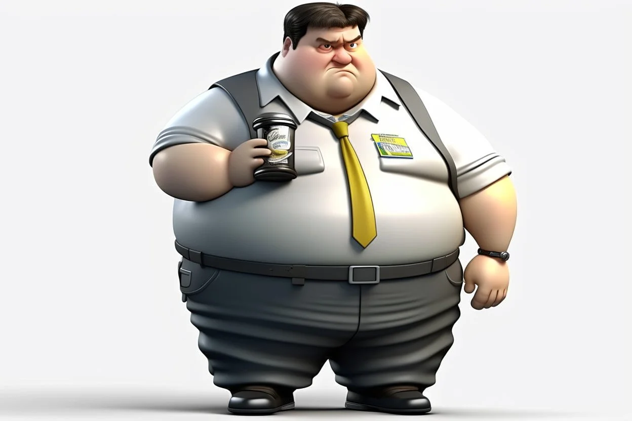 Cree l image d un agent de sécurité obese et sale. Il porte une chemise blanche tachée et boit une cannette de la marque monster. Il a des cheveux noirs. 4k realiste