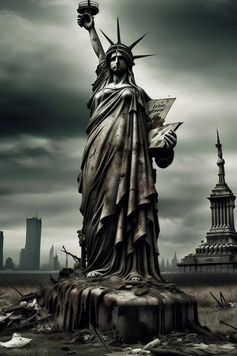 the statue of liberty, dress dirty and torn, her face solemn and terse, trash littered at her feet, the skyline dark and grungy