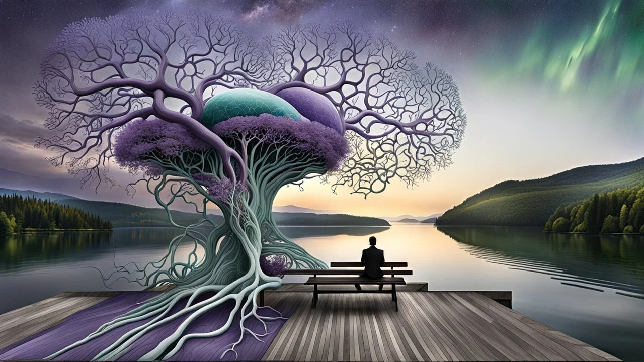 back to the camera a figure sittings on amorph shape bench in a beautiful dreamlik landscape and overlooking the water of the nearby lake, calm, harmonious atmosphere, muted dark colors, purple, white, gray, green, blue, brown, silver, black , ,not too colorful colors, Whimsical style and giant stunning neuron network all over the sky, half shadow and half light abyss, surreal stunning vibe