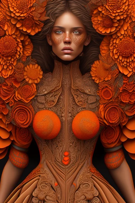 female, brown and orange tones, insanely detailed and intricate, hypermaximalist, elegant, ornate, hyper realistic, super detailed, by Pyke Koch