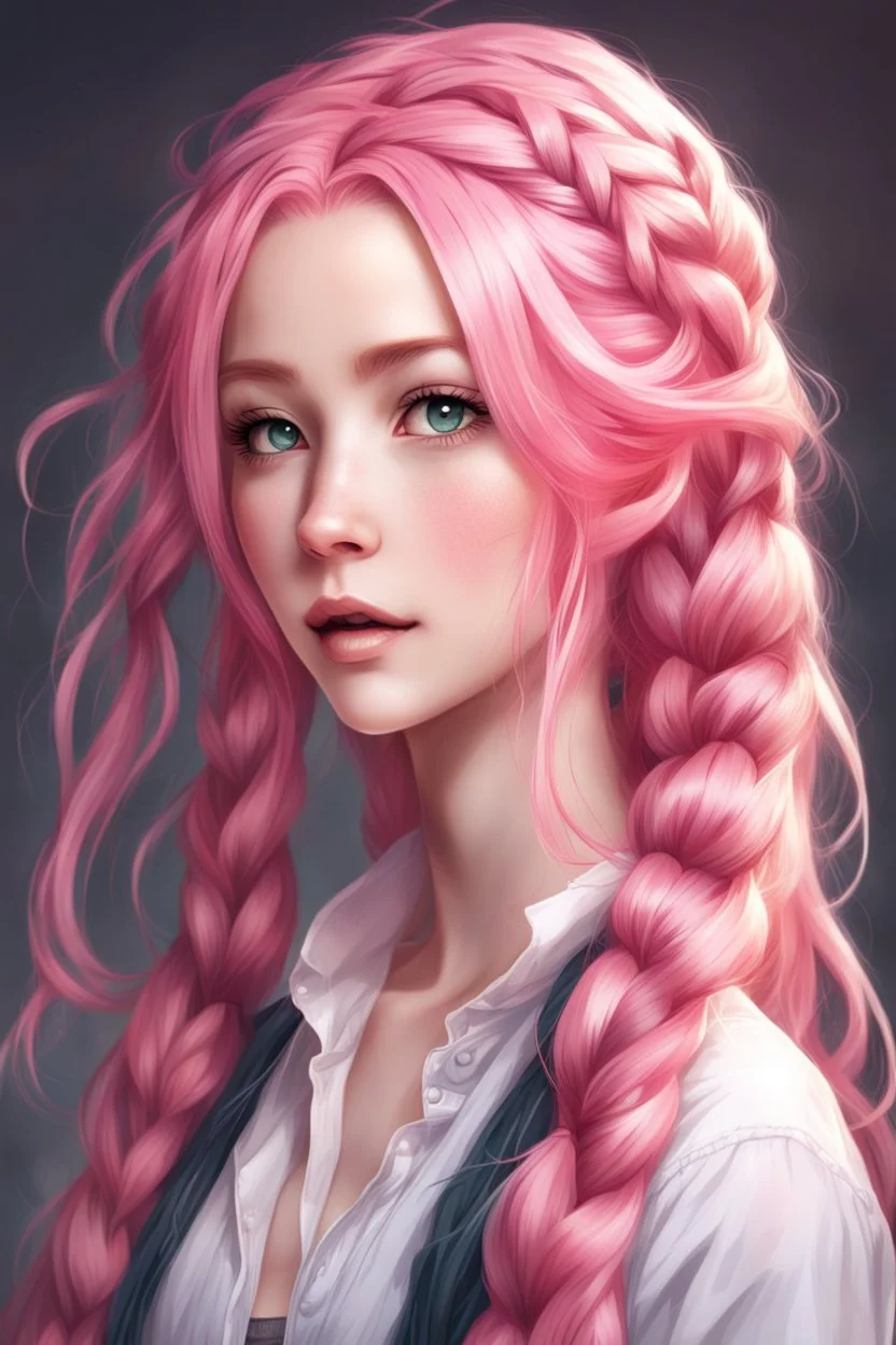 beautiful young woman with long pink hair in a braid anime