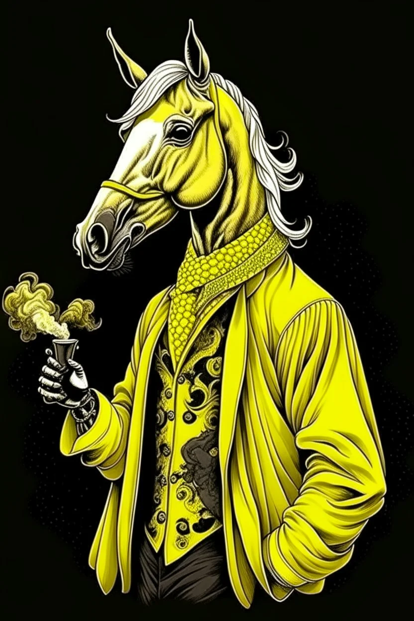 Yellow cockatrice with a tattoo of a horse in a smoking jacket