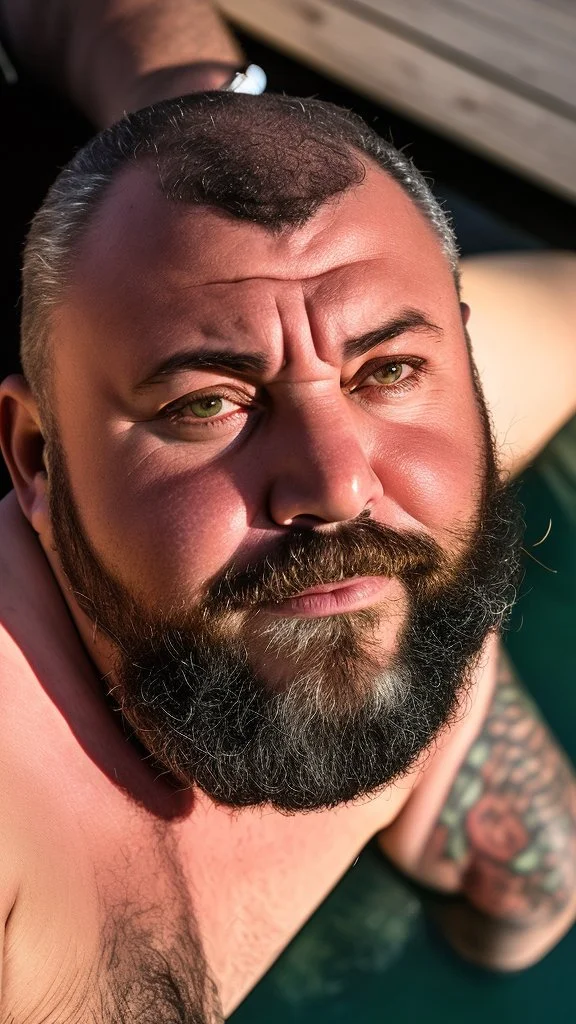 top view close up photography of a muscular chubby burly bearded marocan fisherman relaxing sunbathing sitted in a small fischer wooden boat , bulge, tattoo, ugly, 49 years old, short beard, bullneck, emotive eyes, photorealistic, 35mm lens, Canon EOS, 8k