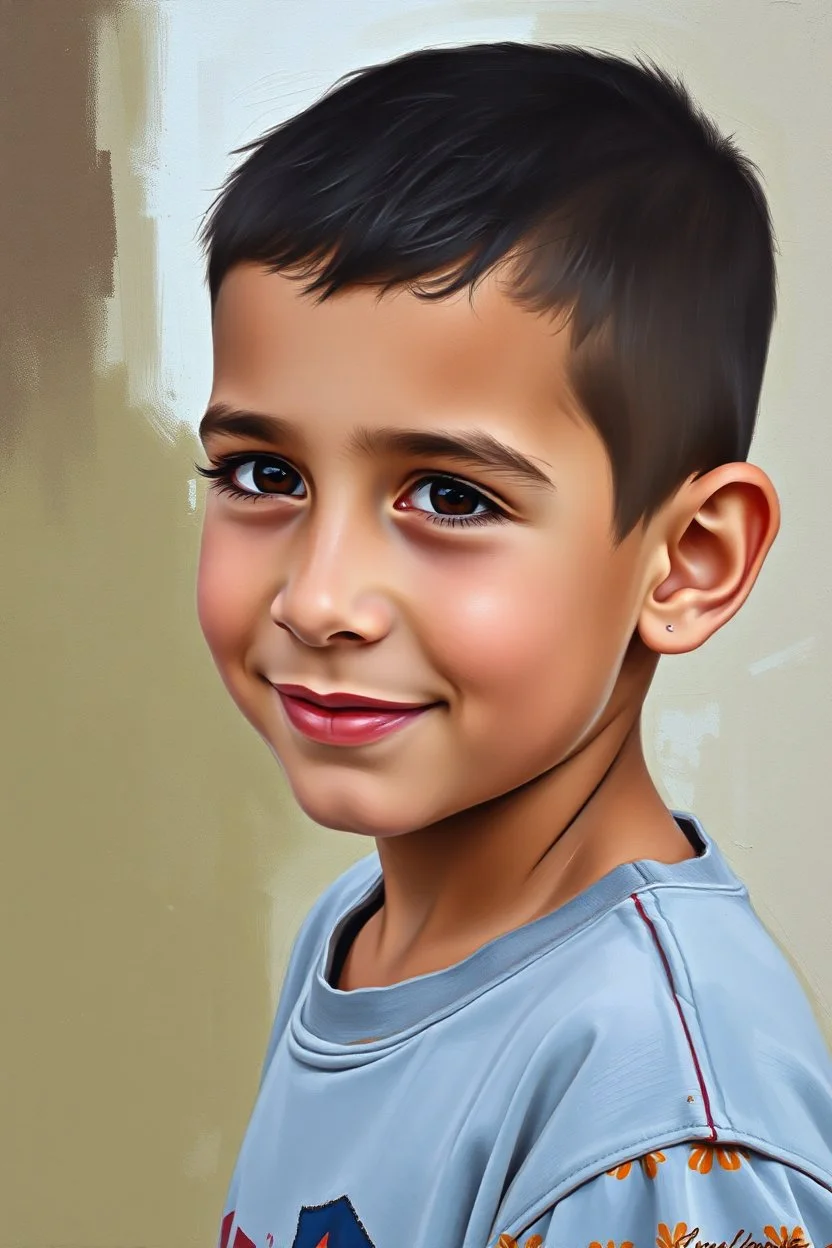 A five-year-old Palestinian boy with a beautiful face, his face turned slightly to the right, a slight smile, his mouth closed, no teeth visible, his eyes looking to the left, he appears to be drawn with oil paints