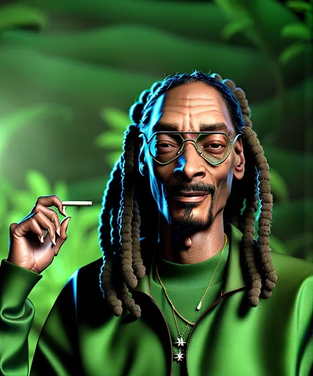 Snoop Dogg, smoking pot, jungle background, hyper realistic