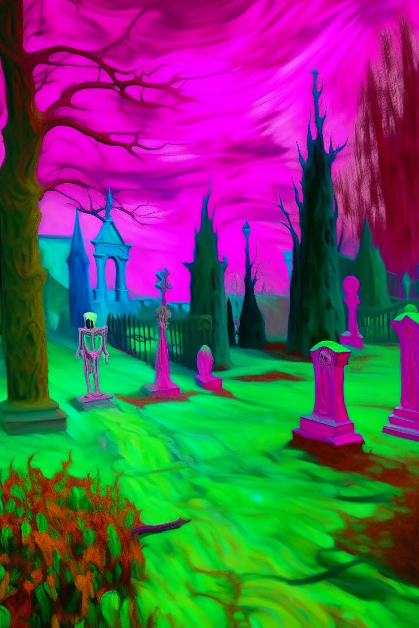 A purplish magenta haunted graveyard with ghosts painted by Vincent van Gogh