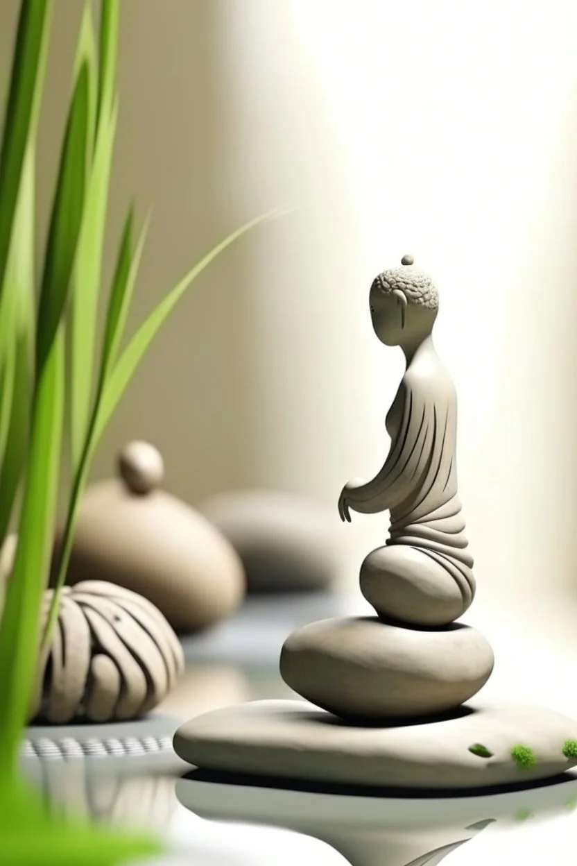 delicate background with spa stones and a bamboo stem, in the background a female curved figure statue sits on the stones, photorealistic photo