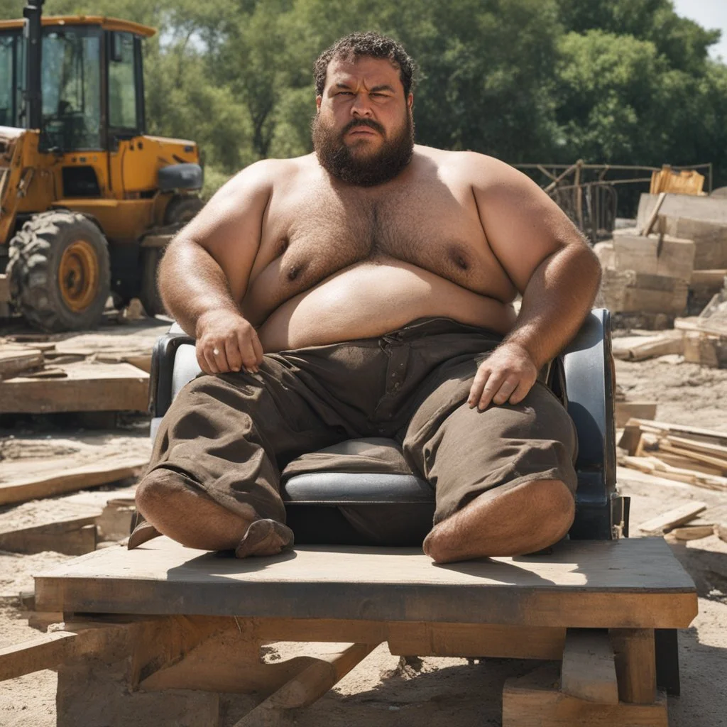 extreme close up photography of a sicilian ugly burly serious wet sweaty, chubby strong fat carpenter, shirtless, boxer, bulge, manly chest, very hairy allover, big goatee 26 years old, curly short hair, sit sleeping with open legs on a little chair , on a construction site in the middle of a road, under the August sun, emotional eyes, , hyper-realistic, photorealistic , frontal view from the ground