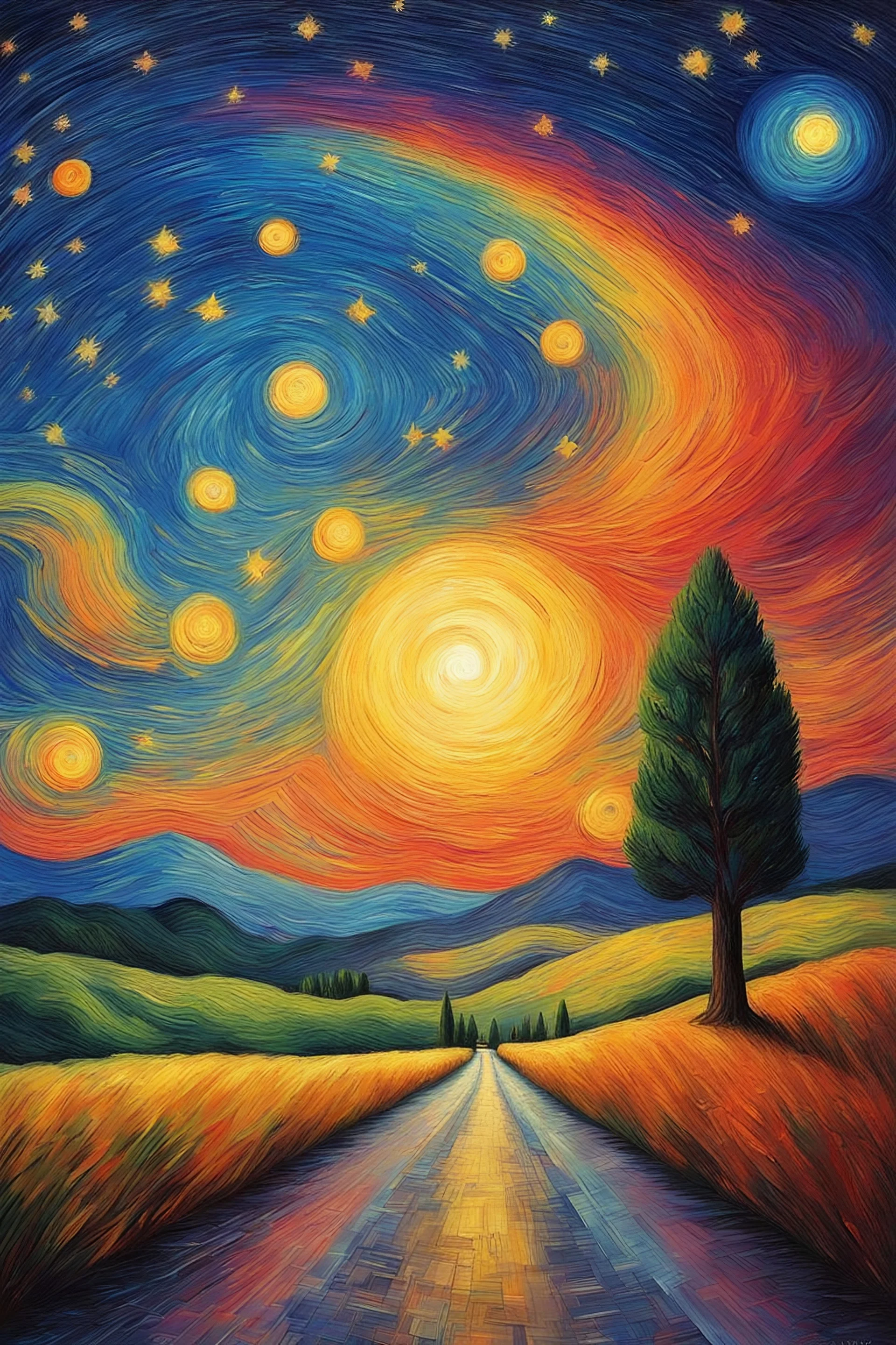 Starry night, Van Gogh style, landscape, sunset, colorful, rainbow, painterly, like a painting, mystical, rain, wonder, mysterious