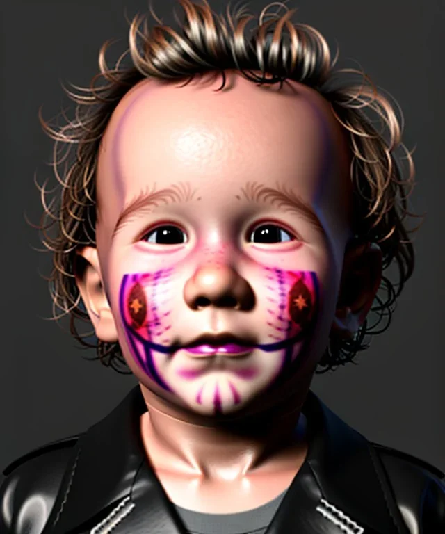 Heath ledger toddler, full body, leather jacket, floral shirt, soft skin, dramatic lighting, hyper realistic