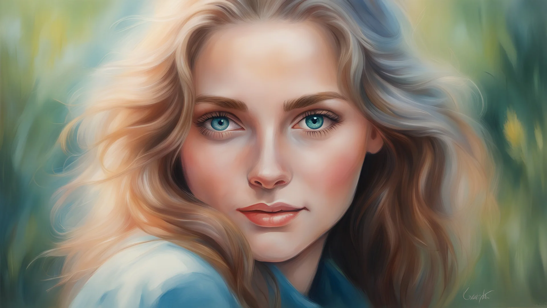 portrait realiste d'une jeune femme. chaleureux,doux,yeux bleu-vert,couleur intense,mignonne,dans la nature