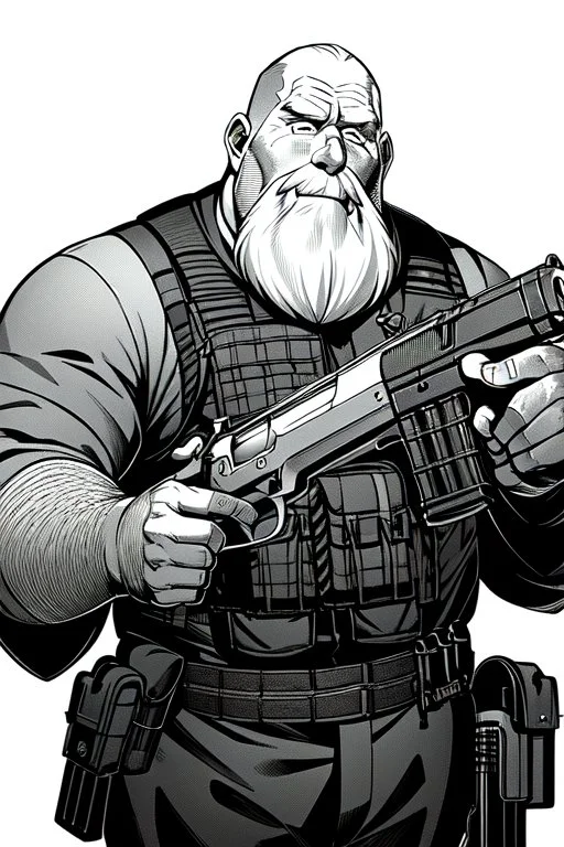 old man behind the aiming with a shotgun, greyscale