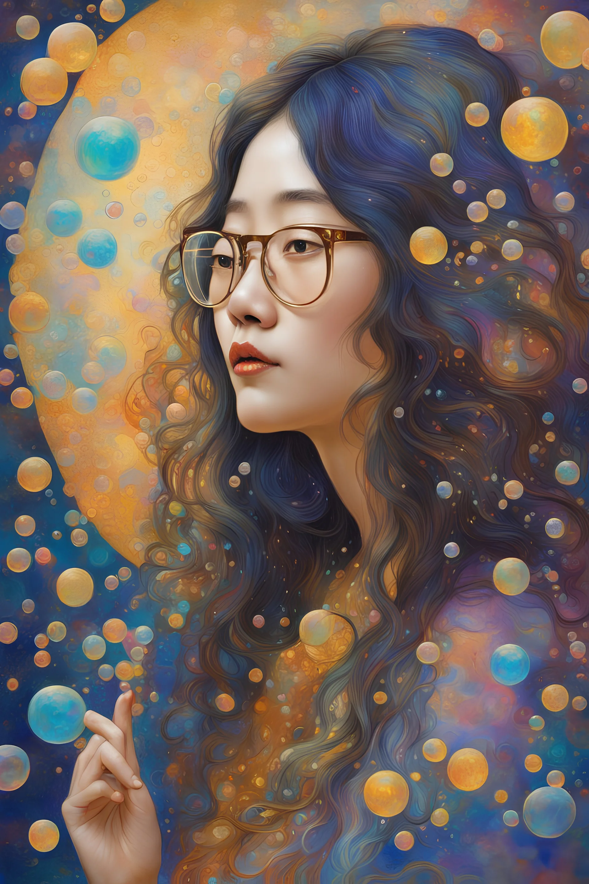 contemplative asian woman with long hair and glasses in a world of bubbles, colorful, painterly, like a painting, mystical, wonder, mysterious, psychedelic art, gustav klimt style, gold leaf, romantic, art nouveau, celestial, cosmic, dreamy