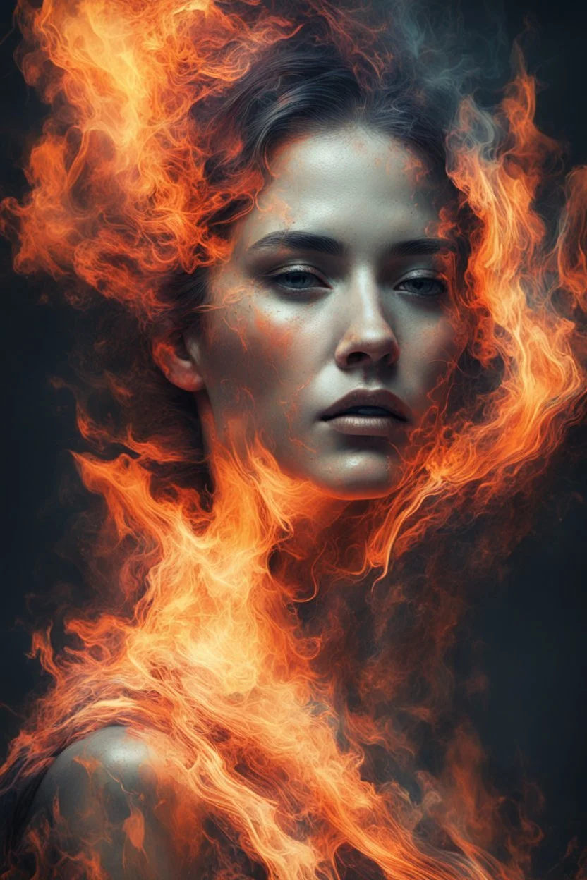 An abstract and captivating digital artwork, portrait of a woman with burning edges