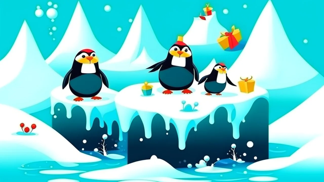 fantasy cartoon illustration: Penguins float on an iceberg with Christmas presents