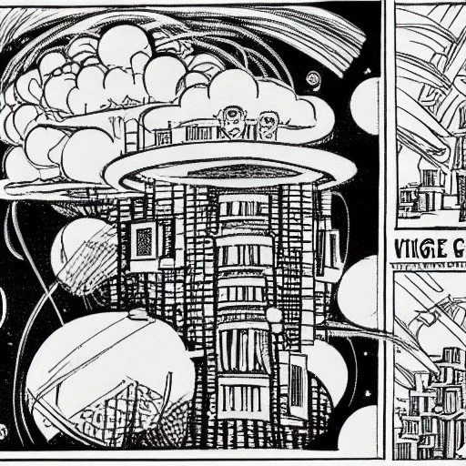 Village in the cosmos in Winsor McCay style and dr seuss style