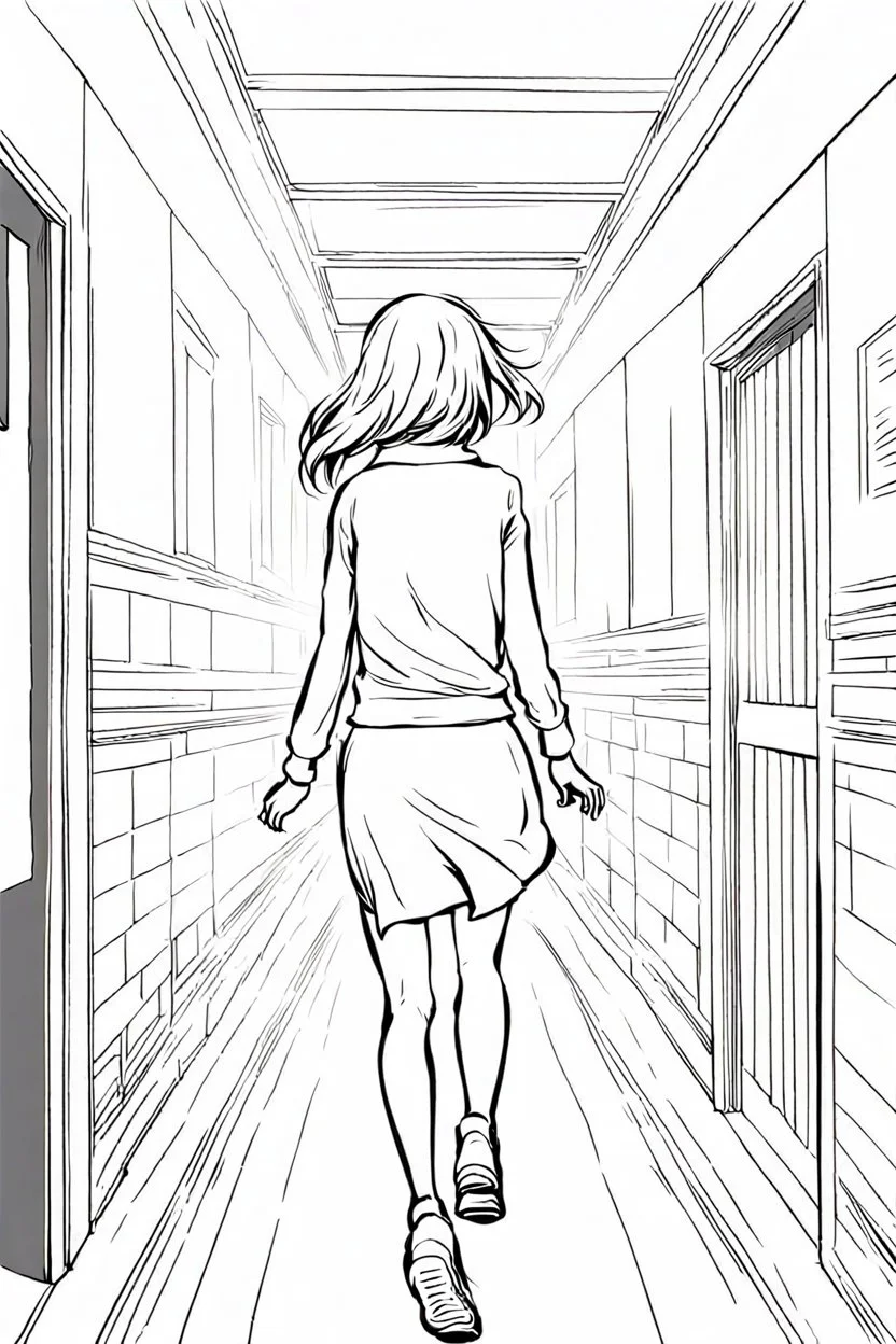 blonde girl runs in a corridor, back view, line arts, manga style