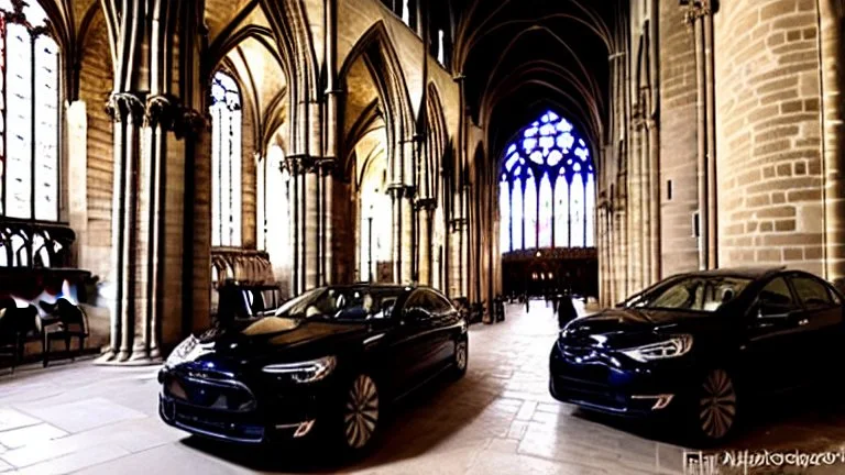 A Tesla's 'Model S Plaid' is parked, inside the Notre-Dame Cathedral, in Paris. CINEMATIC. WIDE ANGLE LENS. PHOTO REAL.