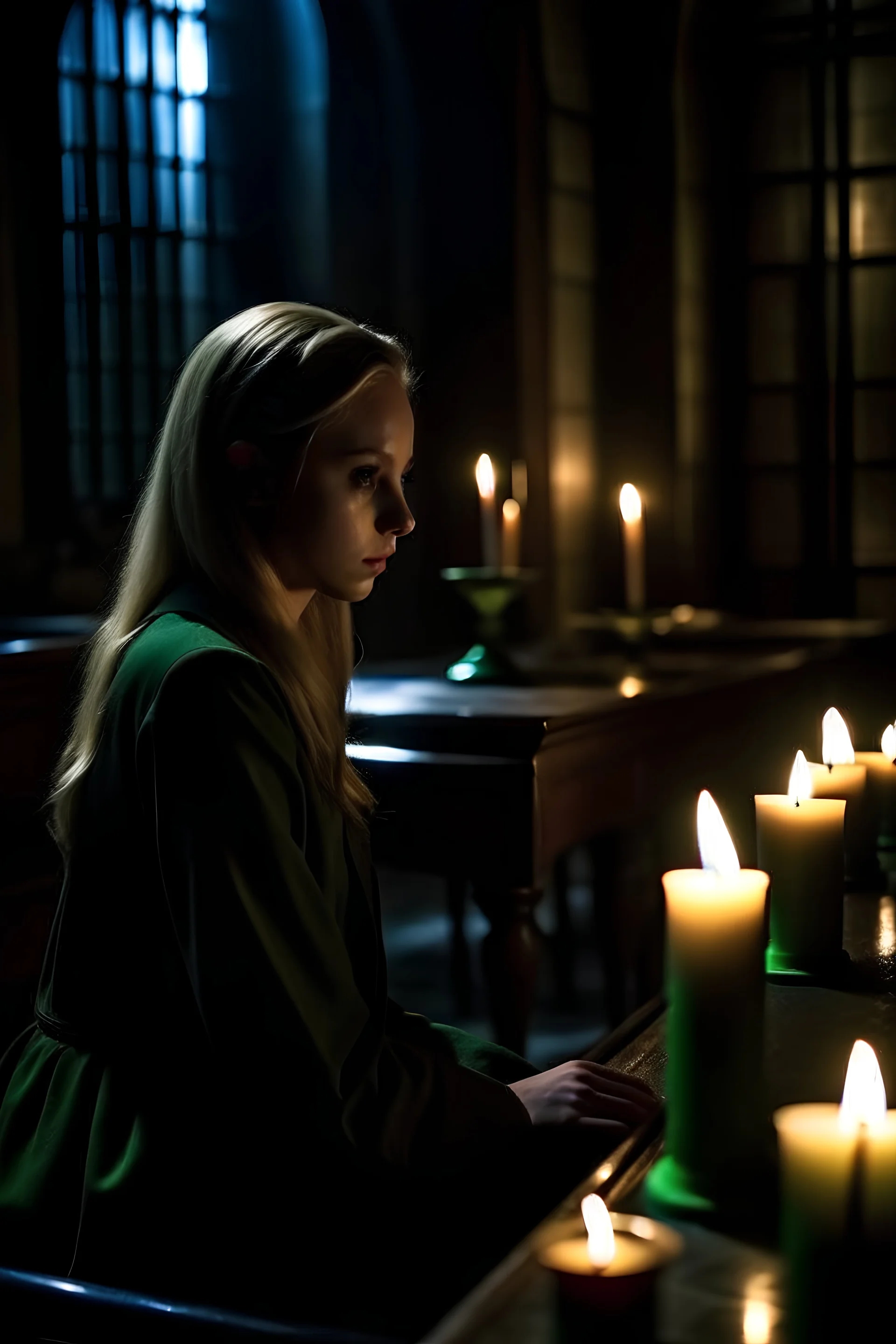 Girl, blonde hair, wearing slytherin uniform, Slytherin dormitory, night, candles