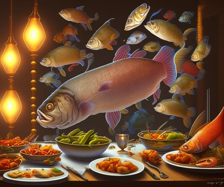 supper, fish sit at the table and eat pieces of people.