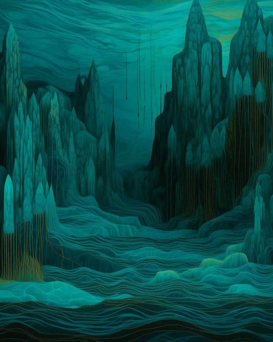 A dark teal landscape in abstract art designed in Navajo yarn painted by the Limbourg brothers