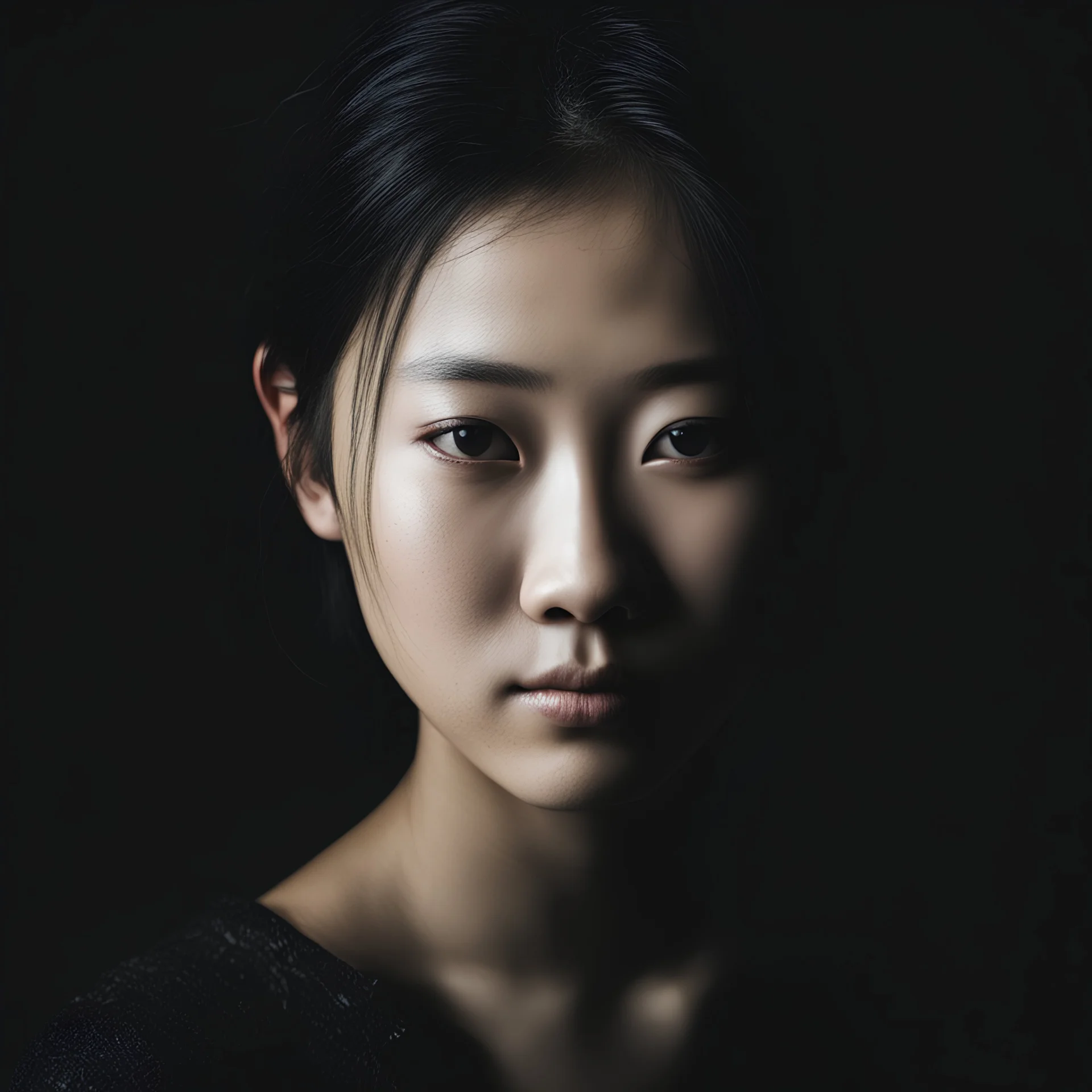 Anonymous Woman, black background, young, asian, shadows, portrait, close up, maya kulenovic, looking at camera