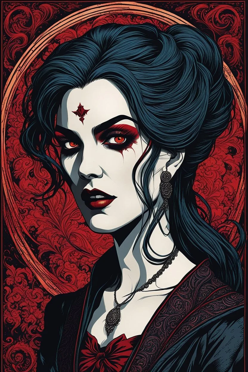 museum quality color woodblock print of a simply dressed, enigmatic, darkly visionary and disturbed Malkavian female vampire with highly detailed hair and facial features , with a fine art , graphic novel aesthetic, highly detailed, finely cut ,8k render,