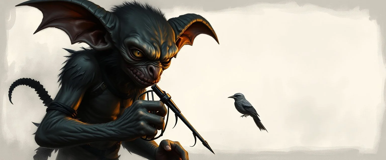 air brush 3d with pen outline, mongrel goblin gremlin holding caged bird, charcoal fog border