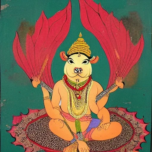 cow with wings holding a lotus and sword in Indian painting style