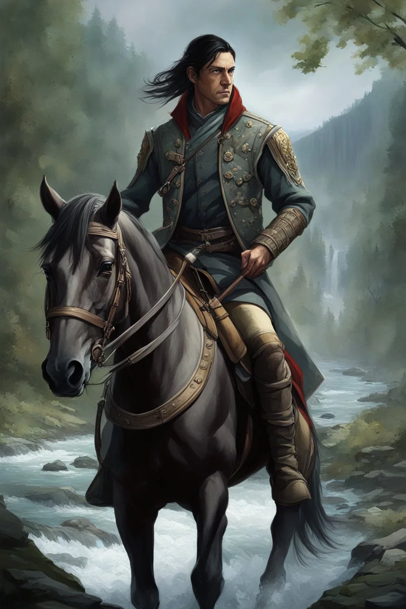 A 40 year old mercenary in a battle jacket and travelers cloth. He is riding a dark gray horse. He is tall, slim, has a sharply cut face. black hair, short ponytail on the top of his head. Perfect eyes. Perfect hands. Perfect feets. fantasy setting. A river ford in a wood. Hyperrealistic, splash art, concept art, mid shot, intricately detailed, color depth, dramatic, 2/3 face angle, side light, colorful background. Style of Frank Frazetta