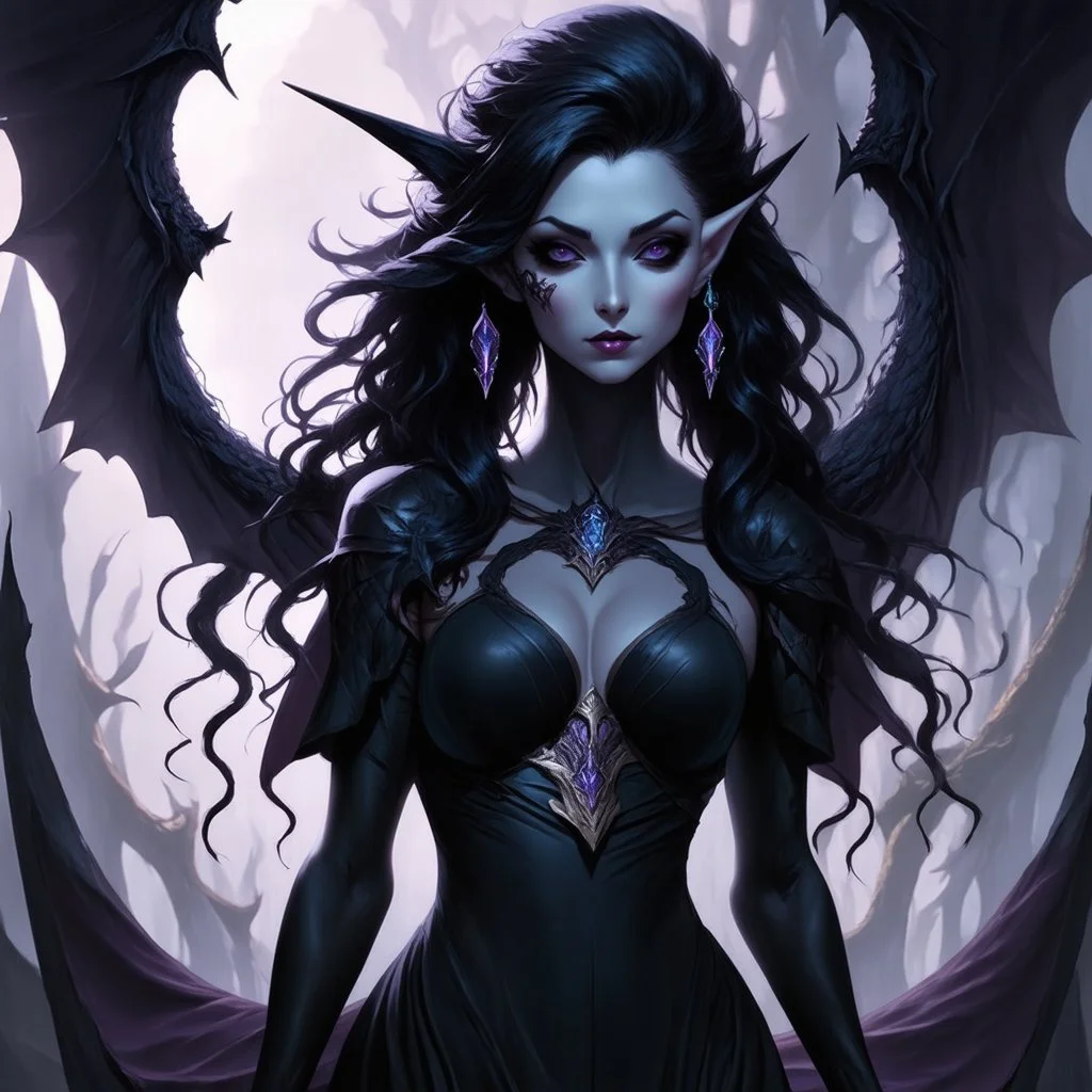 drow elf woman, sorceress, enchantress, dark hair, digital art, dark fantasy