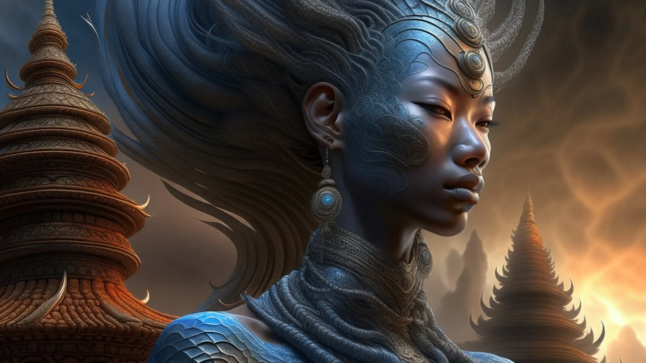 Hyper realistic surreal, fantastical scene featuring a towering, mystical balinese woman figure with an imposing yet intriguing presence. Create a surreal artwork using Mandelbulb 3D, featuring an intricate, otherworldly landscape fiThis entity should have white, blueish-black skin, glowing orange eyes, and a menacing expression, complete with sharp teeth and an elongated tongue. Adorn the figure with ornate, golden jewelry and an elaborate headdress. Its torso should be open slice , revealing a