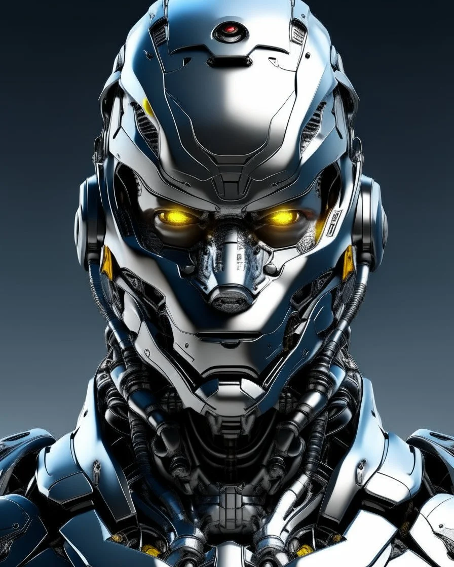 Cyborg armor with helmet on head serious face