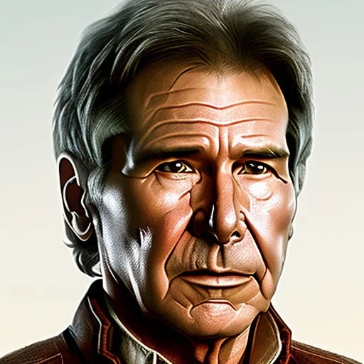 stunning photo realistic head to waist portrait of harrison ford as han solo in star wars with photo realistic short hair by alice zhang,Sam Spratt, Yi Fan, Houston Sharp, Matija Obrovac, Sharp focus, brown eyes, realistically and naturally weathered rough skin,space jacket from star wars, octane render, intricate