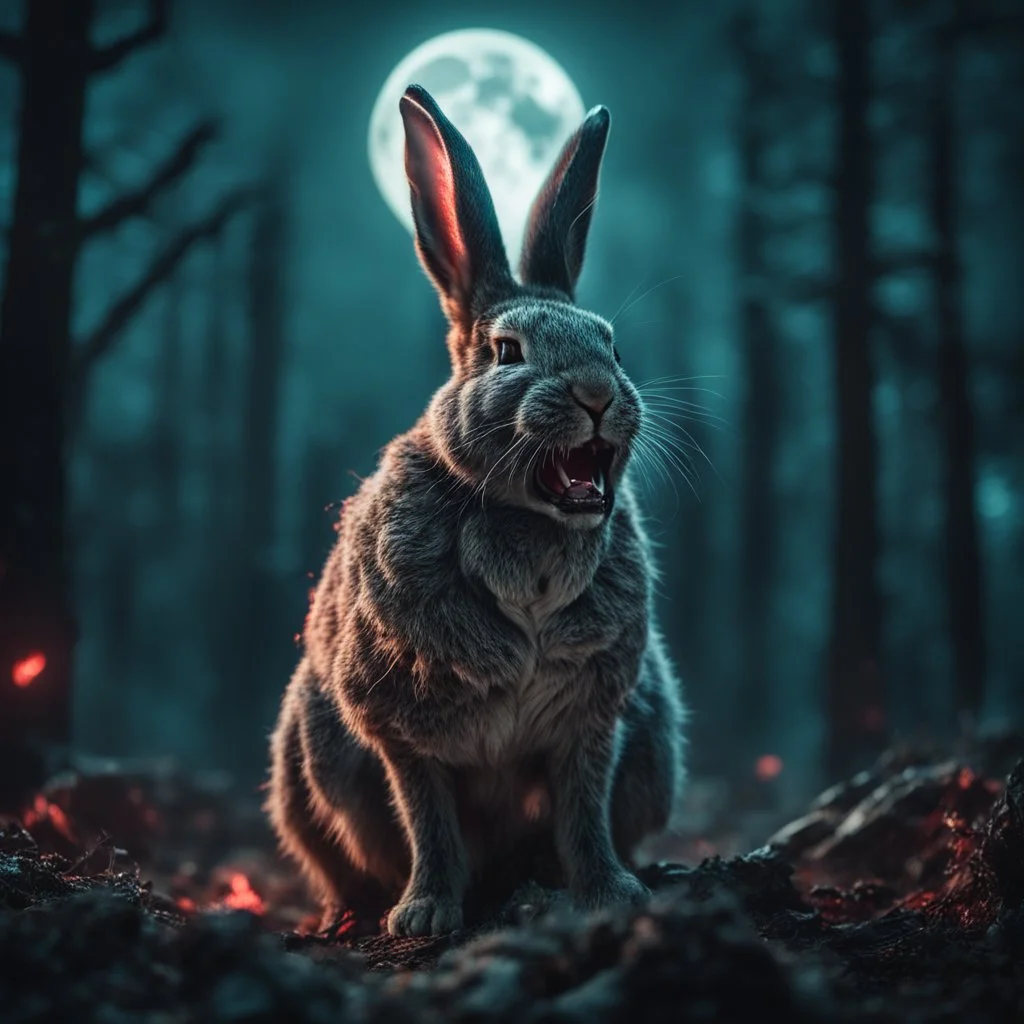 bloodthirsty angry savage bunny howling at the moon, muscular body with shreaded cloths, large claws, sharp teeth, night forest with gloomy dark teal colors, fire sparkle particles, dark tone, sharp focus, high contrast, 8k resolution, shallow depth of field, dramatic lighting, beautifully intricate details, clean environment