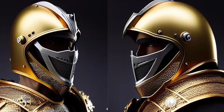 apocalypse, chaotic, magnificent, realistic, colorful, massive, epic, ray tracing, cinematic, 8k, HD, Ultra High Definition, photo film, film grain, hyper-detailed, old tarnished ornate rusty Hyper detailed Gold Gothic Medieval Knight helmet with opaque glass visor covering face and matching suit of armor