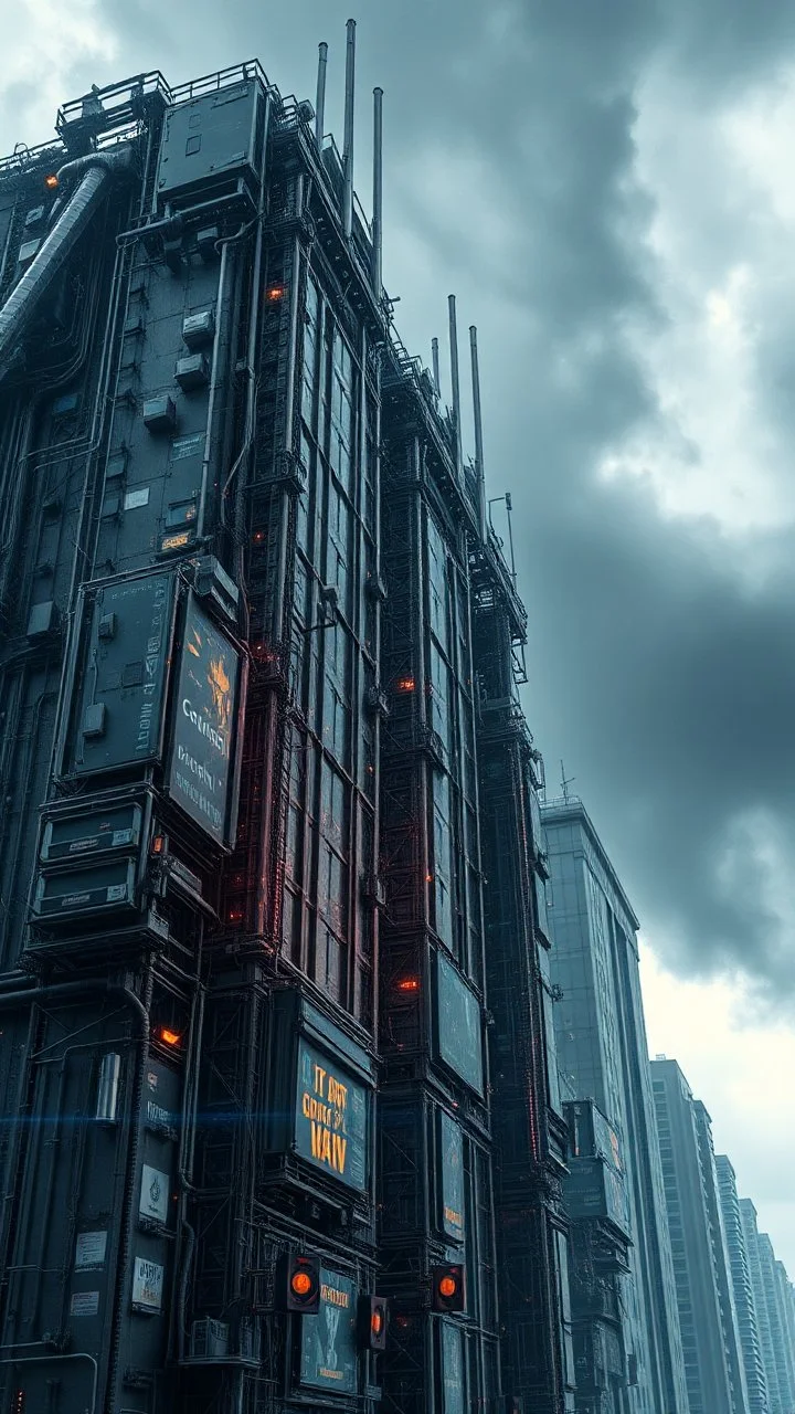 Synthography Art generated Of a city with huge building with visual details of mechanical and electrical components textures with gray clouds storm in the background