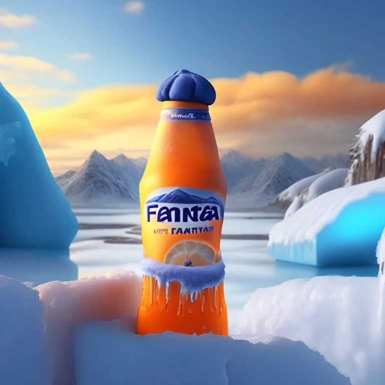 A juice producer wears FANTA a hat found in the place of nature in the Eskimo and in the back there are snowy icebergs HIGH DESIN IN . 8K . REALISTIC .HIGH RESLOLUTION...V4..AR 2.3