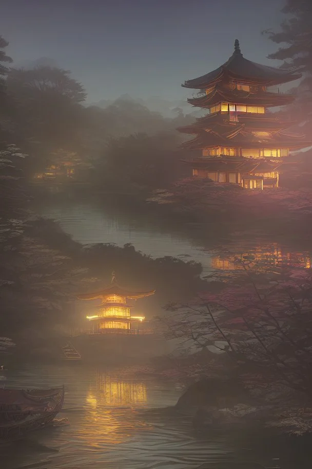 Somber Japanese garden by Chinese lanterns, and a river with an empty boat